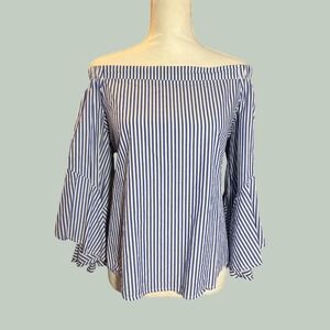 Heart and Soul Nautical Preppy Striped Off Shoulder Bell Sleeve 100%‎ Cotton Top